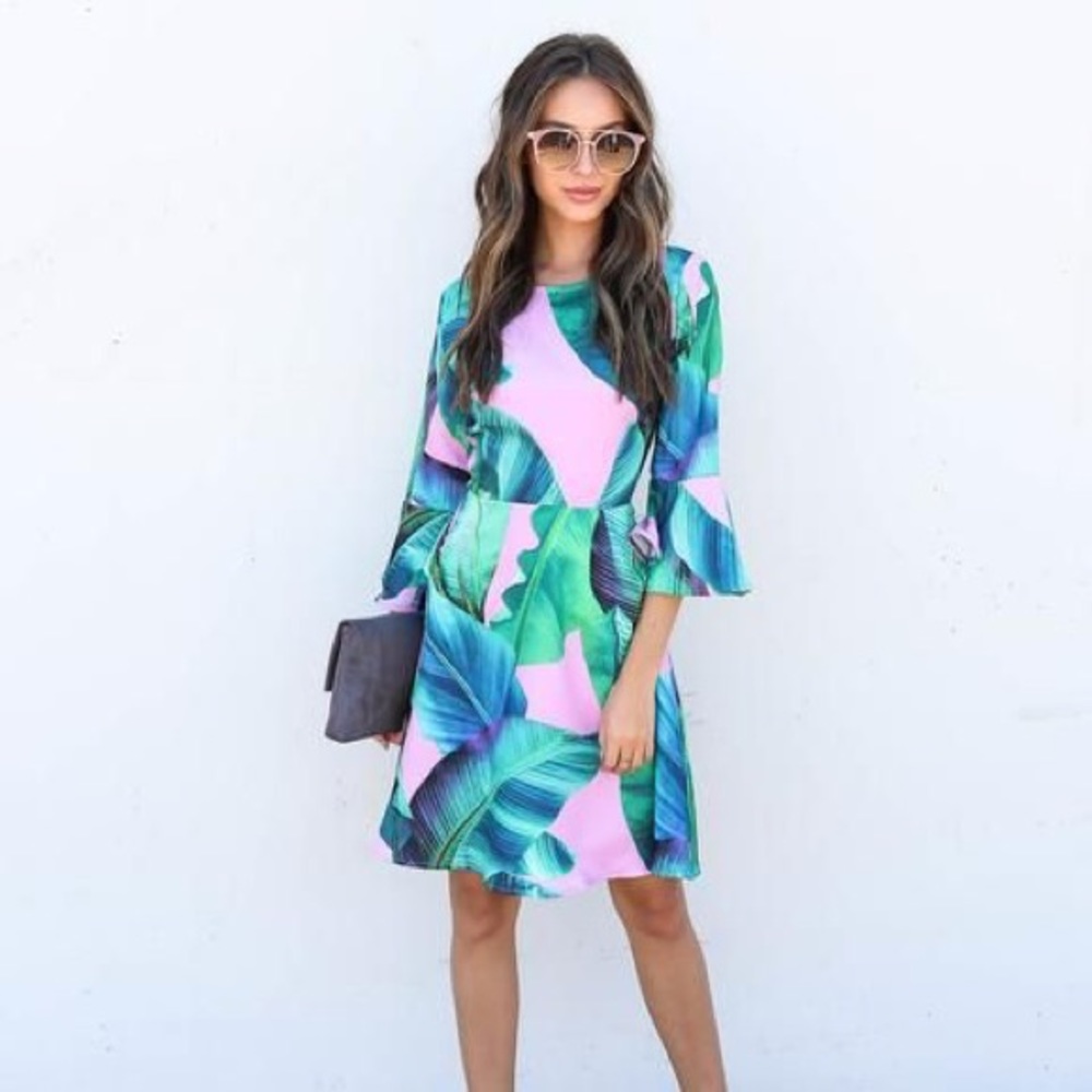 Vici Oahu Bell Sleeve Palm Print Dress